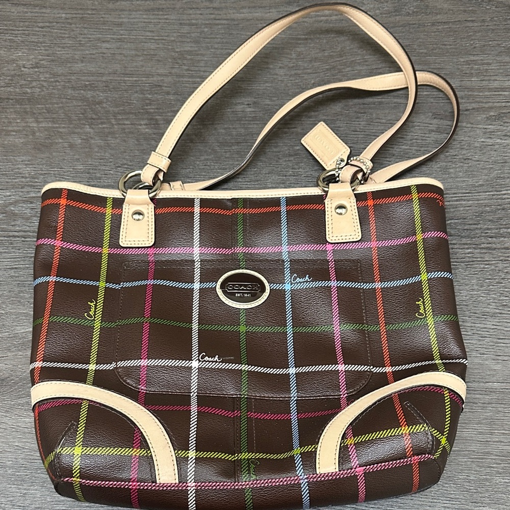 Coach Brown Plaid Shoulder Bag with Multicolor Stripes